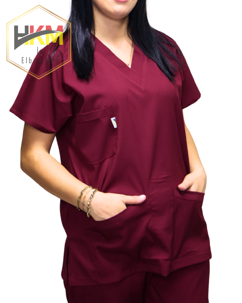 Bordo Likralı Kadın Cerrahi Tek Üst