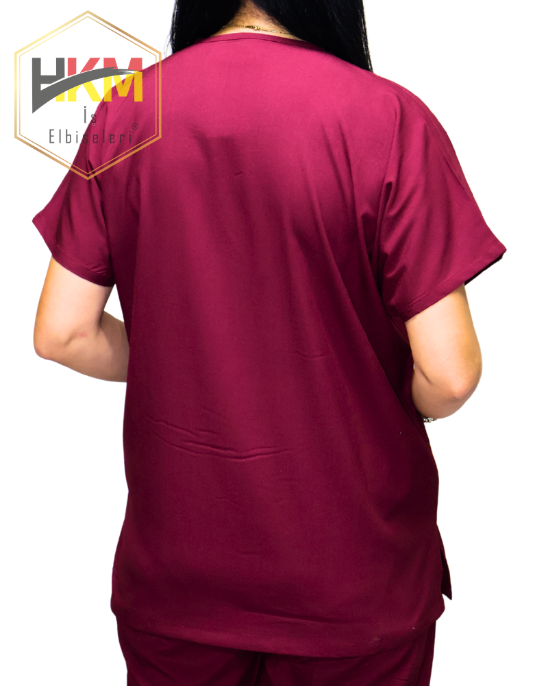 Bordo Likralı Kadın Cerrahi Tek Üst