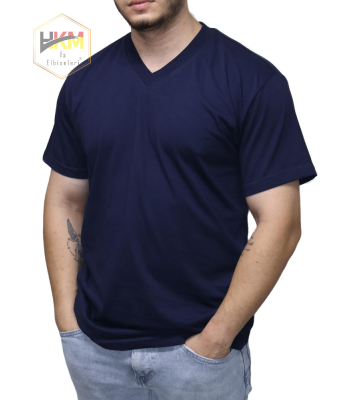 V Yaka Lacivert Penye T-Shirt