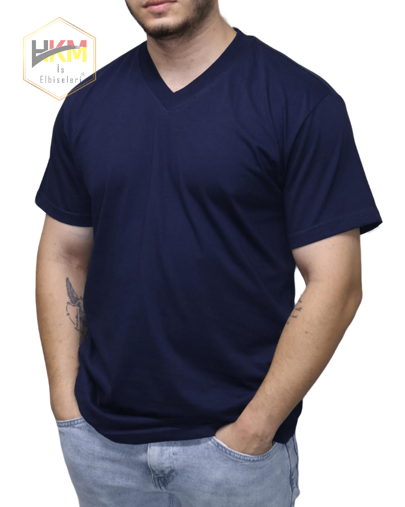 V Yaka Lacivert Penye T-Shirt