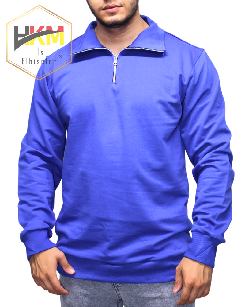 Yarım Fermuar İki İplik Erkek Sweatshirt Saksmavi