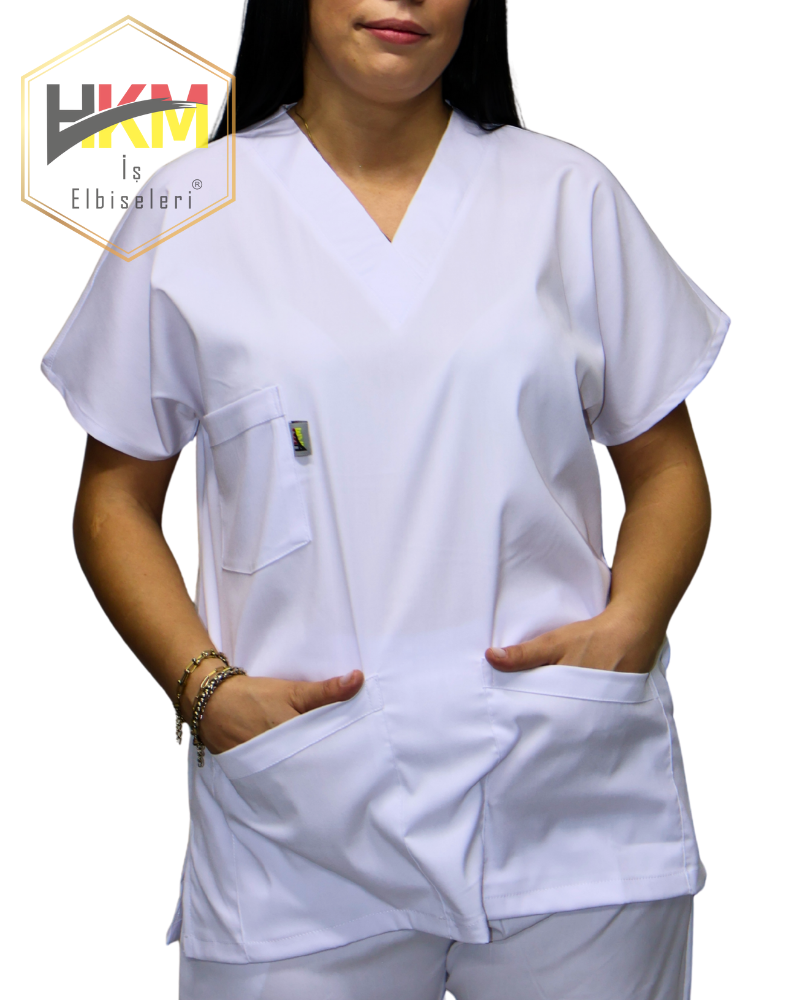 Beyaz Likralı Kadın Cerrahi Tek Üst