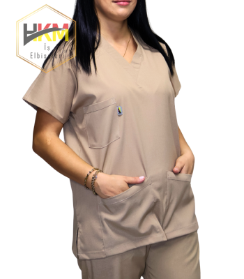 Bej Likralı Kadın Cerrahi Takım