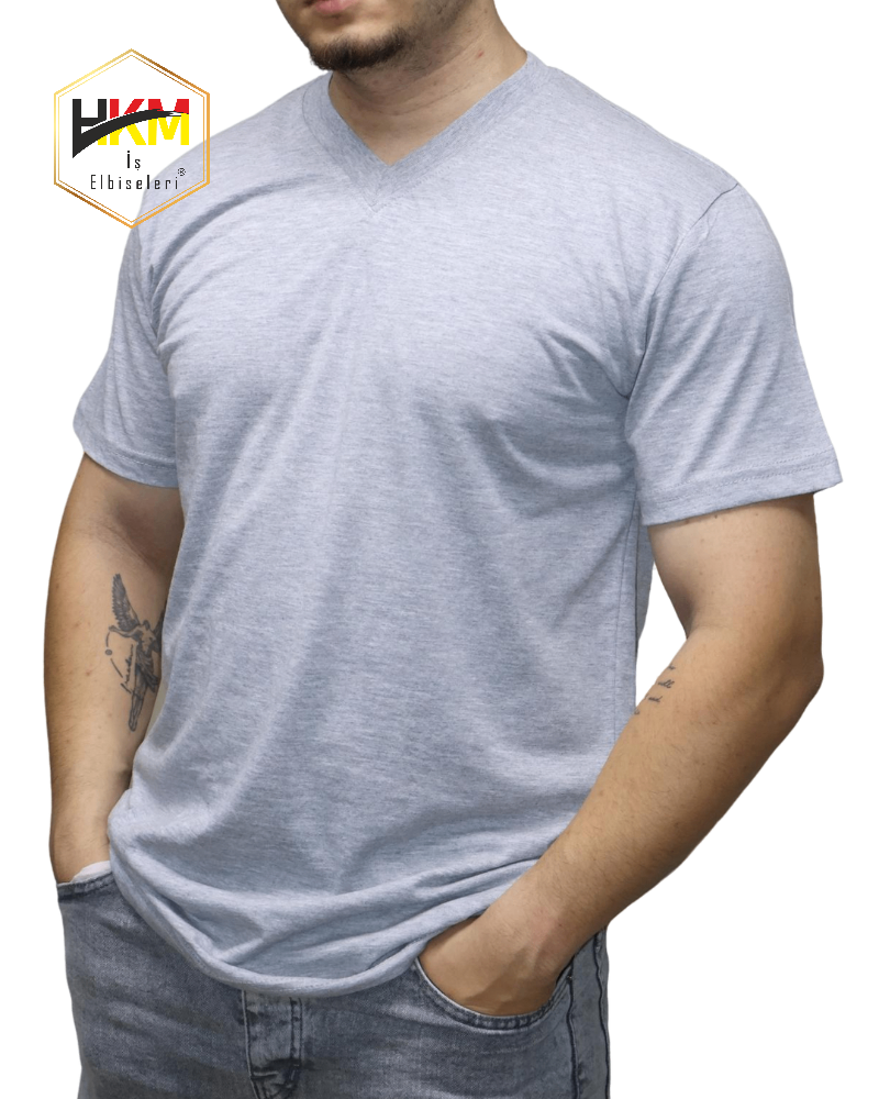 V Yaka Gri Melanj Penye T-Shirt