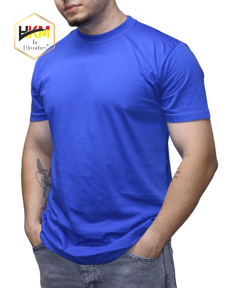 Sıfır Yaka Saks Mavi Penye T-Shirt