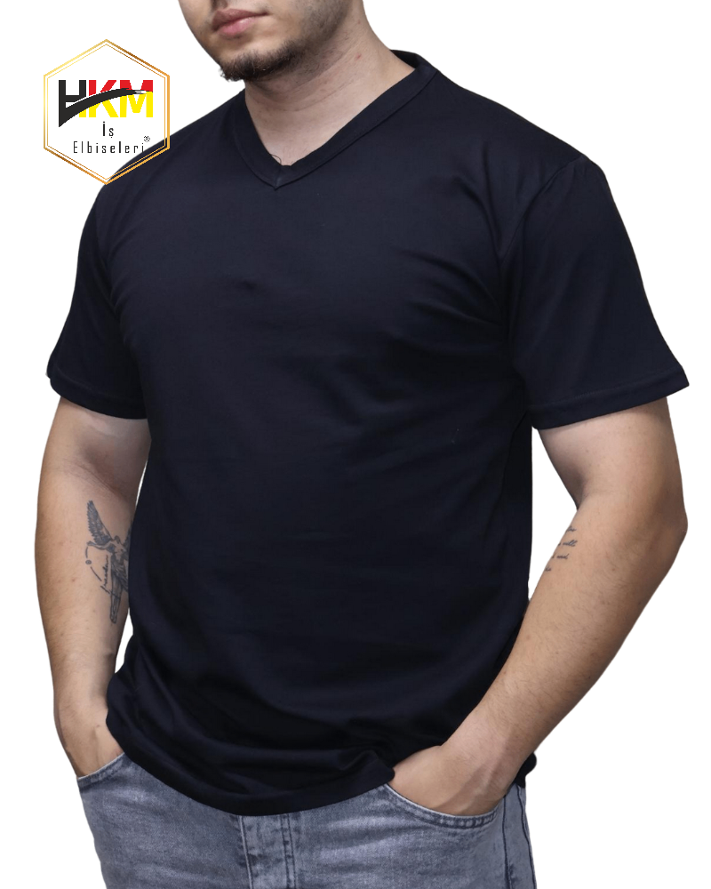V Yaka Siyah Penye T-Shirt
