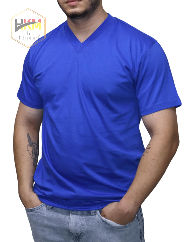 V Yaka Lacivert Penye T-Shirt