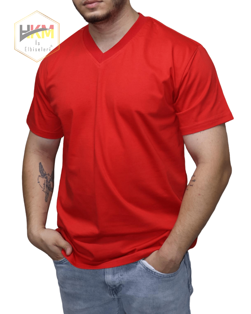 V Yaka KırmızıPenye T-Shirt