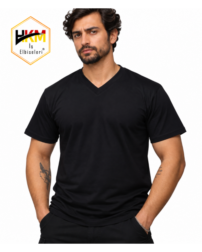 V Yaka Siyah Penye T-Shirt